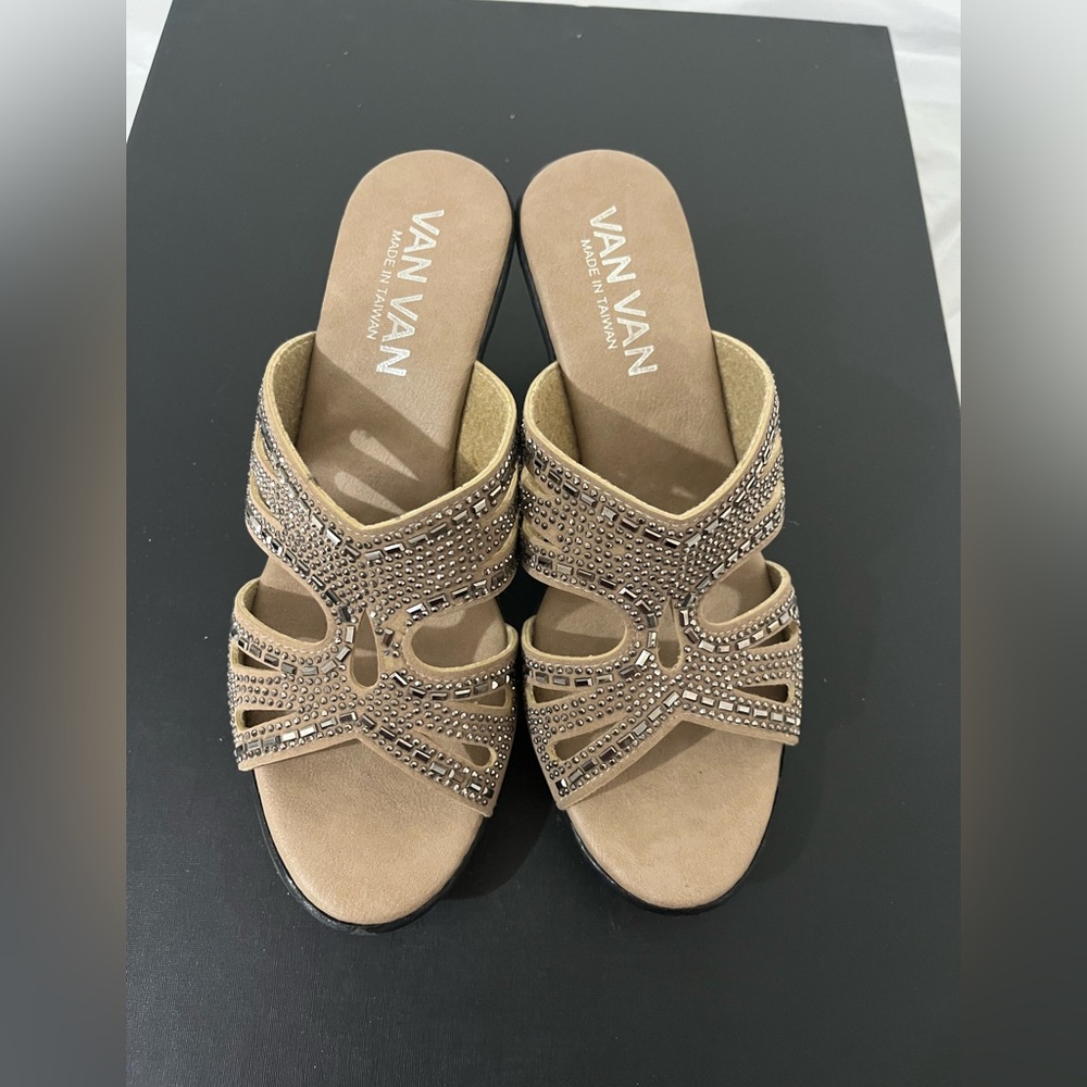 Women's Beige Sandals with Rhinestone Details 3 Inch Heel